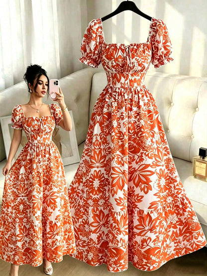Elenzga Women's Floral Print Bubble Sleeve Front Tie Drawstring Waist Long Casual Boho Holiday Tea Party Dress,Elegant Orange And White Summer Holiday Outfit