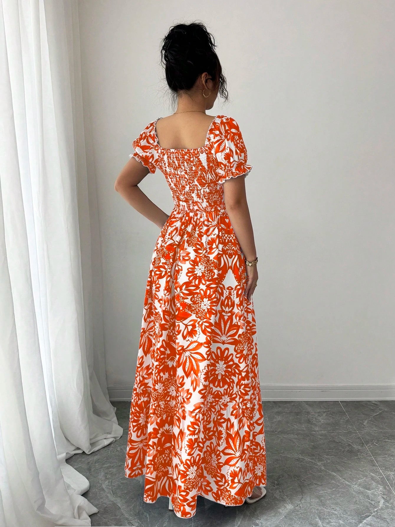 Elenzga Women's Floral Print Bubble Sleeve Front Tie Drawstring Waist Long Casual Boho Holiday Tea Party Dress,Elegant Orange And White Summer Holiday Outfit