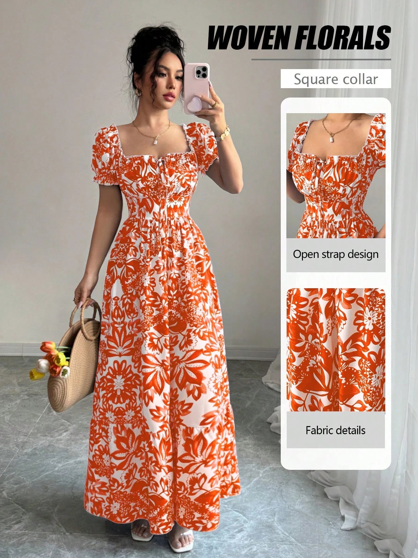 Elenzga Women's Floral Print Bubble Sleeve Front Tie Drawstring Waist Long Casual Boho Holiday Tea Party Dress,Elegant Orange And White Summer Holiday Outfit