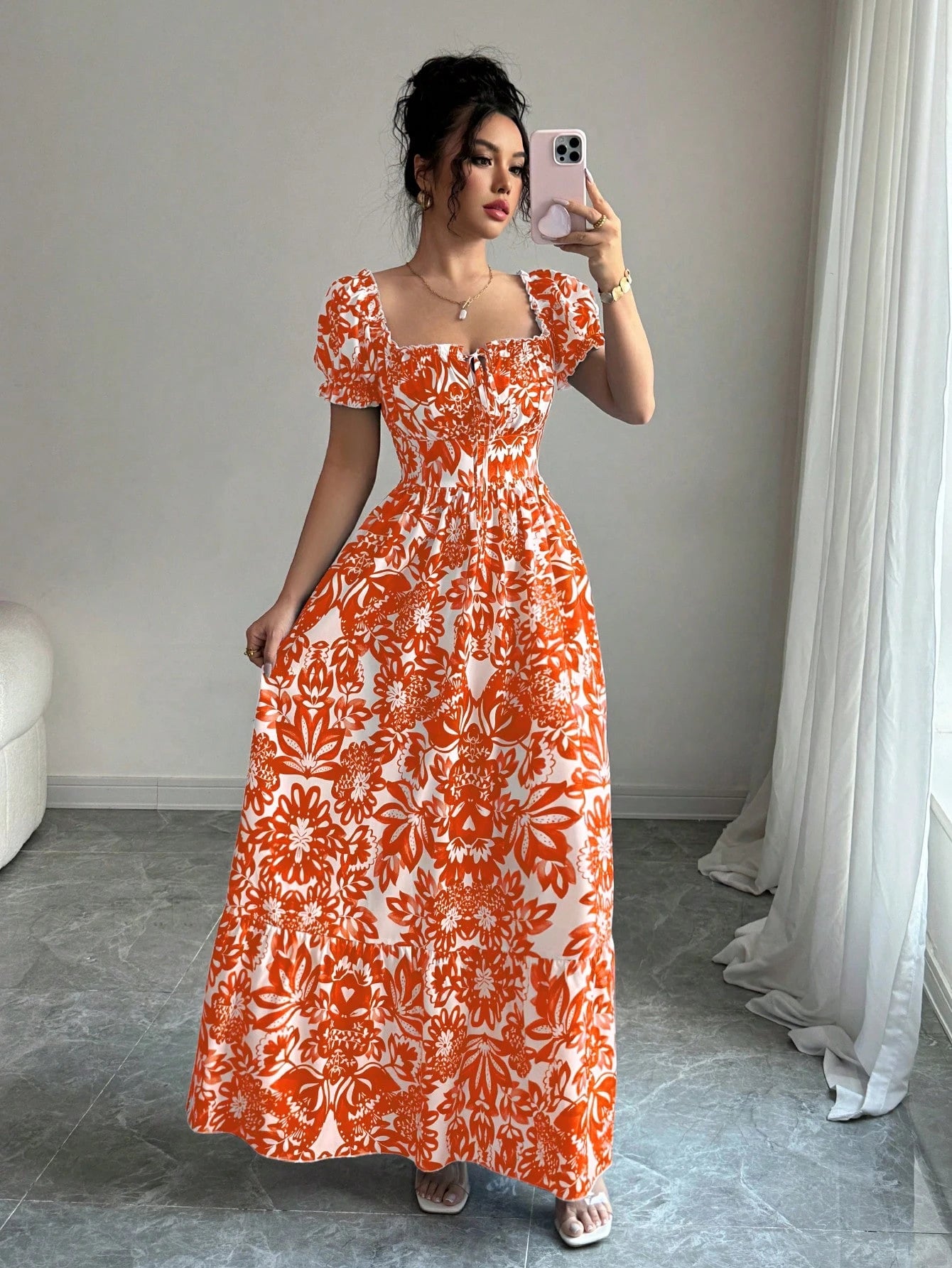 Elenzga Women's Floral Print Bubble Sleeve Front Tie Drawstring Waist Long Casual Boho Holiday Tea Party Dress,Elegant Orange And White Summer Holiday Outfit