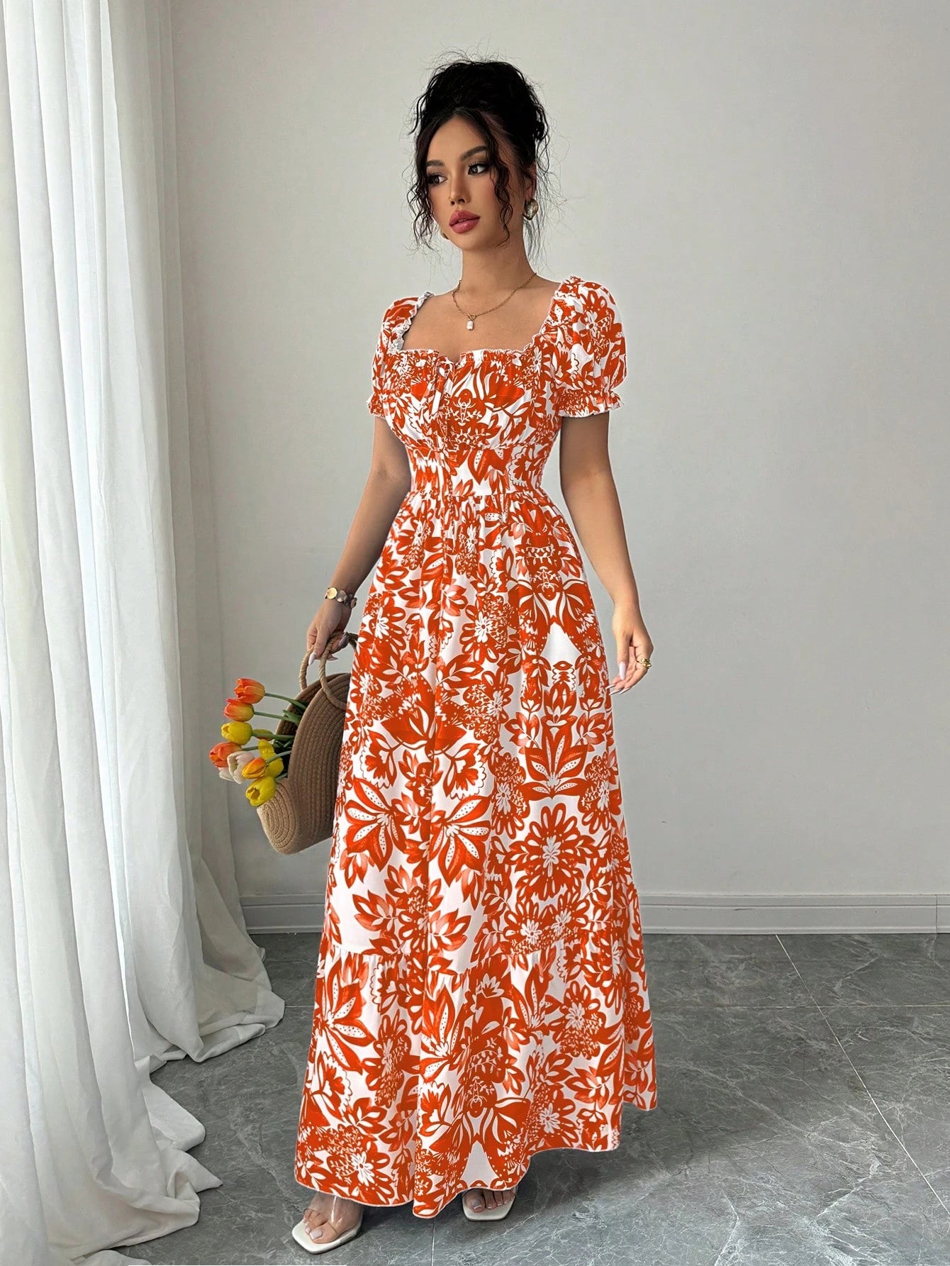 Elenzga Women's Floral Print Bubble Sleeve Front Tie Drawstring Waist Long Casual Boho Holiday Tea Party Dress,Elegant Orange And White Summer Holiday Outfit