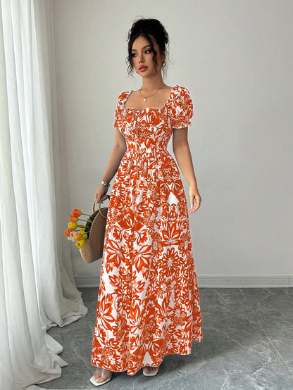 Elenzga Women's Floral Print Bubble Sleeve Front Tie Drawstring Waist Long Casual Boho Holiday Tea Party Dress,Elegant Orange And White Summer Holiday Outfit