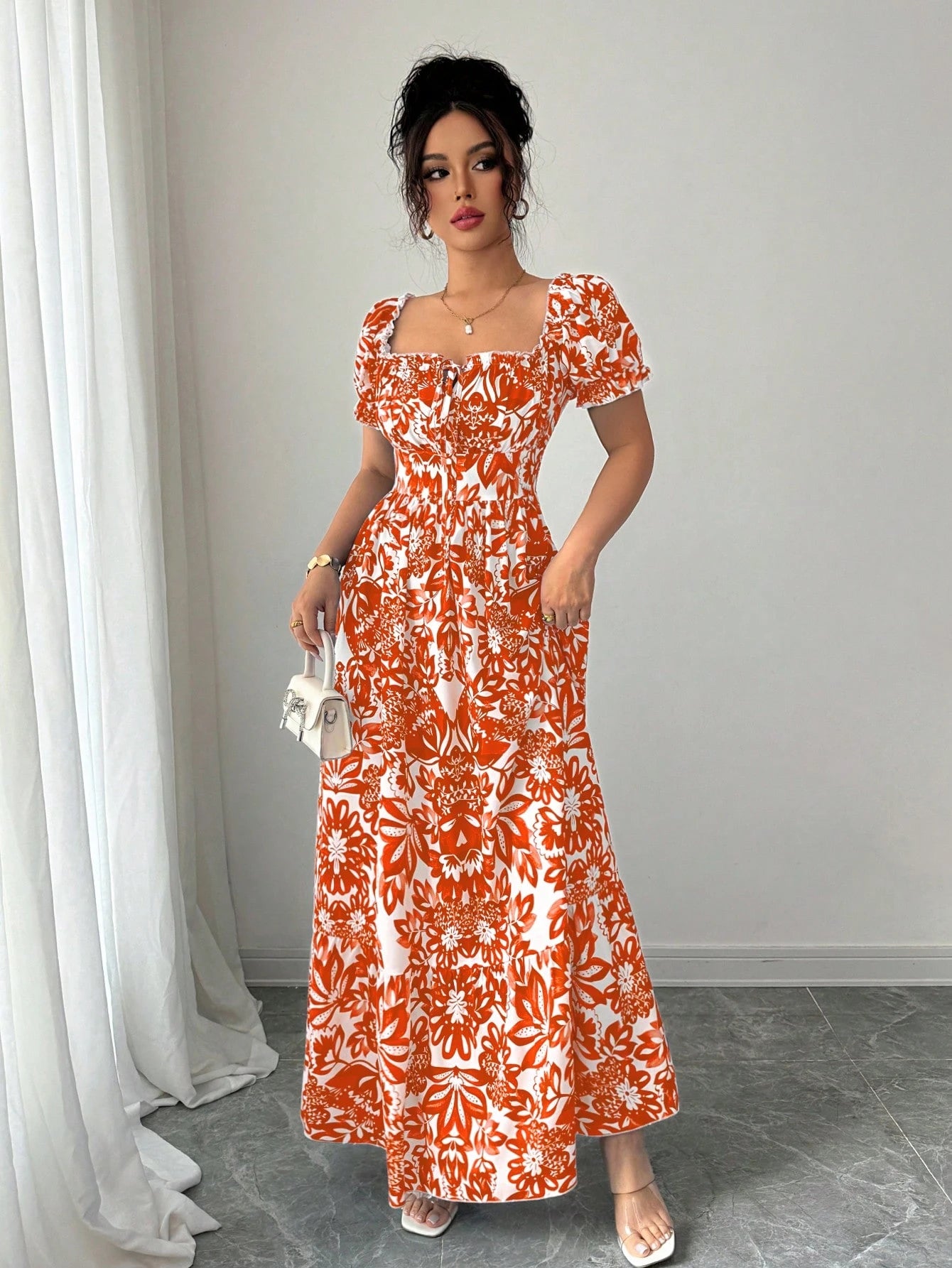 Elenzga Women's Floral Print Bubble Sleeve Front Tie Drawstring Waist Long Casual Boho Holiday Tea Party Dress,Elegant Orange And White Summer Holiday Outfit