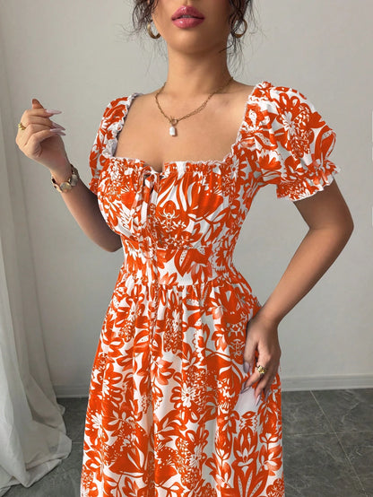 Elenzga Women's Floral Print Bubble Sleeve Front Tie Drawstring Waist Long Casual Boho Holiday Tea Party Dress,Elegant Orange And White Summer Holiday Outfit