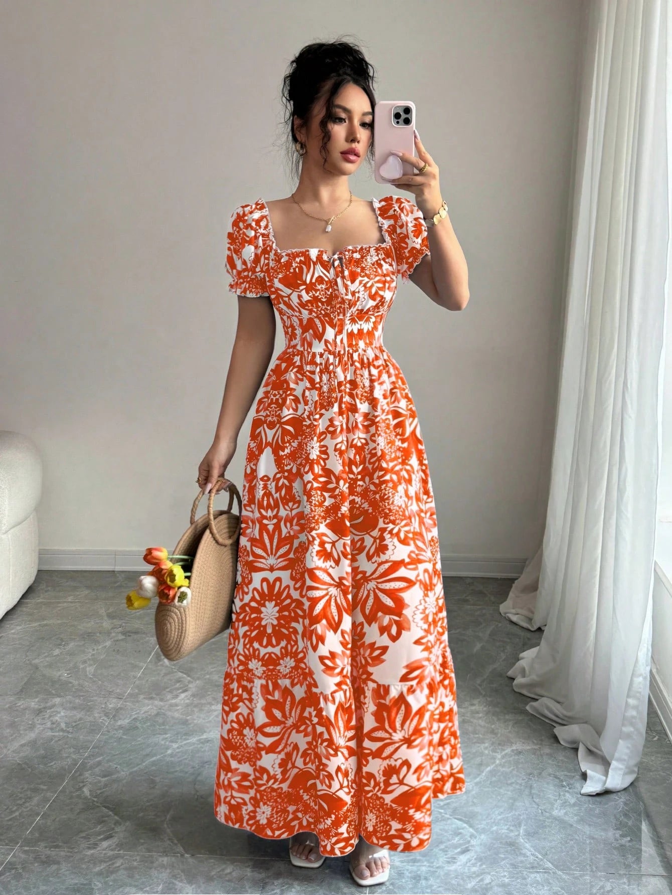Elenzga Women's Floral Print Bubble Sleeve Front Tie Drawstring Waist Long Casual Boho Holiday Tea Party Dress,Elegant Orange And White Summer Holiday Outfit
