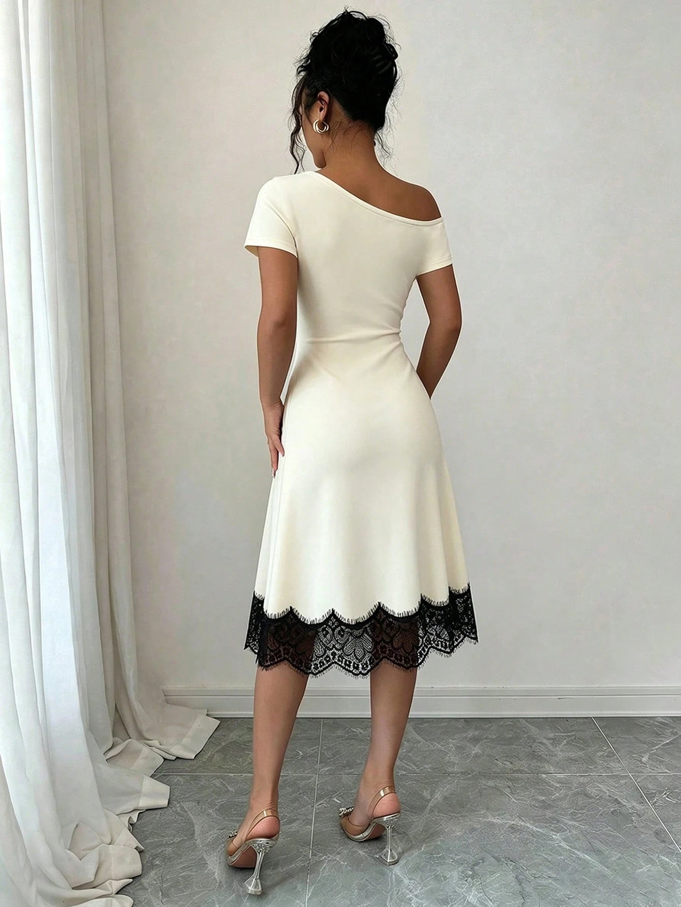 Elenzga Women's New Off-Shoulder Elastic Knit Waist Gathered Design A-Line Spliced Black Lace Elegant Sexy Commute Daily Date Outfit Dress
