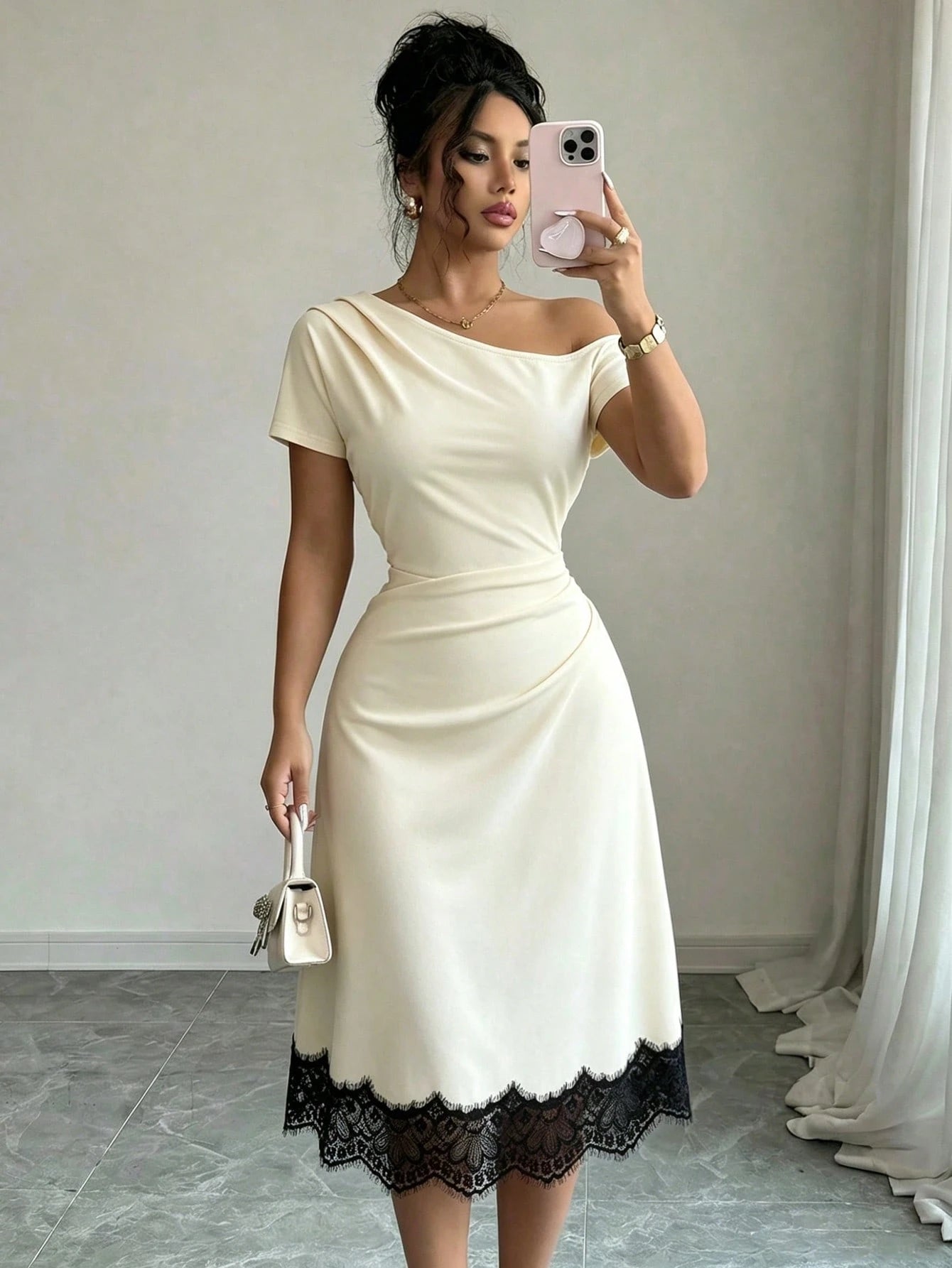 Elenzga Women's New Off-Shoulder Elastic Knit Waist Gathered Design A-Line Spliced Black Lace Elegant Sexy Commute Daily Date Outfit Dress