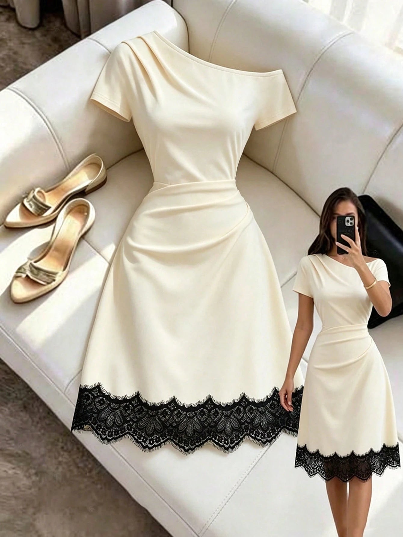 Elenzga Women's New Off-Shoulder Elastic Knit Waist Gathered Design A-Line Spliced Black Lace Elegant Sexy Commute Daily Date Outfit Dress