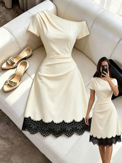 Elenzga Women's New Off-Shoulder Elastic Knit Waist Gathered Design A-Line Spliced Black Lace Elegant Sexy Commute Daily Date Outfit Dress