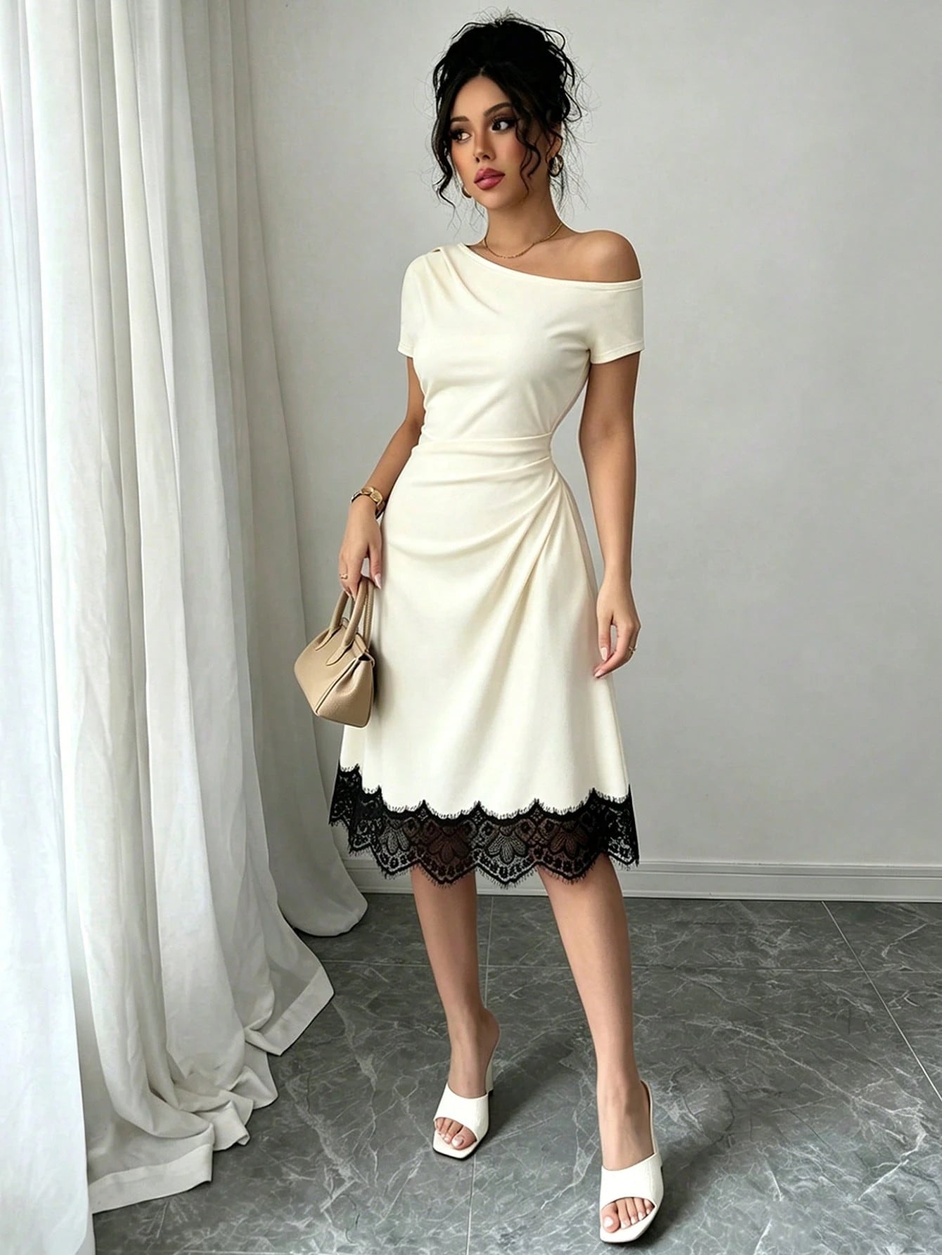 Elenzga Women's New Off-Shoulder Elastic Knit Waist Gathered Design A-Line Spliced Black Lace Elegant Sexy Commute Daily Date Outfit Dress
