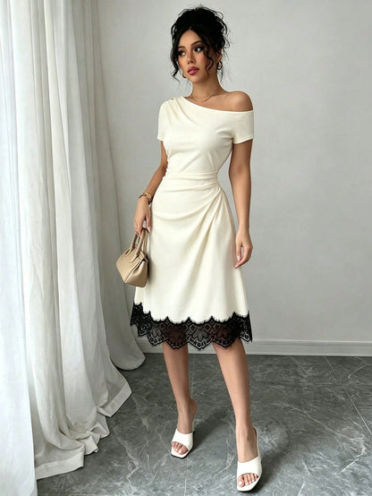 Elenzga Women's New Off-Shoulder Elastic Knit Waist Gathered Design A-Line Spliced Black Lace Elegant Sexy Commute Daily Date Outfit Dress
