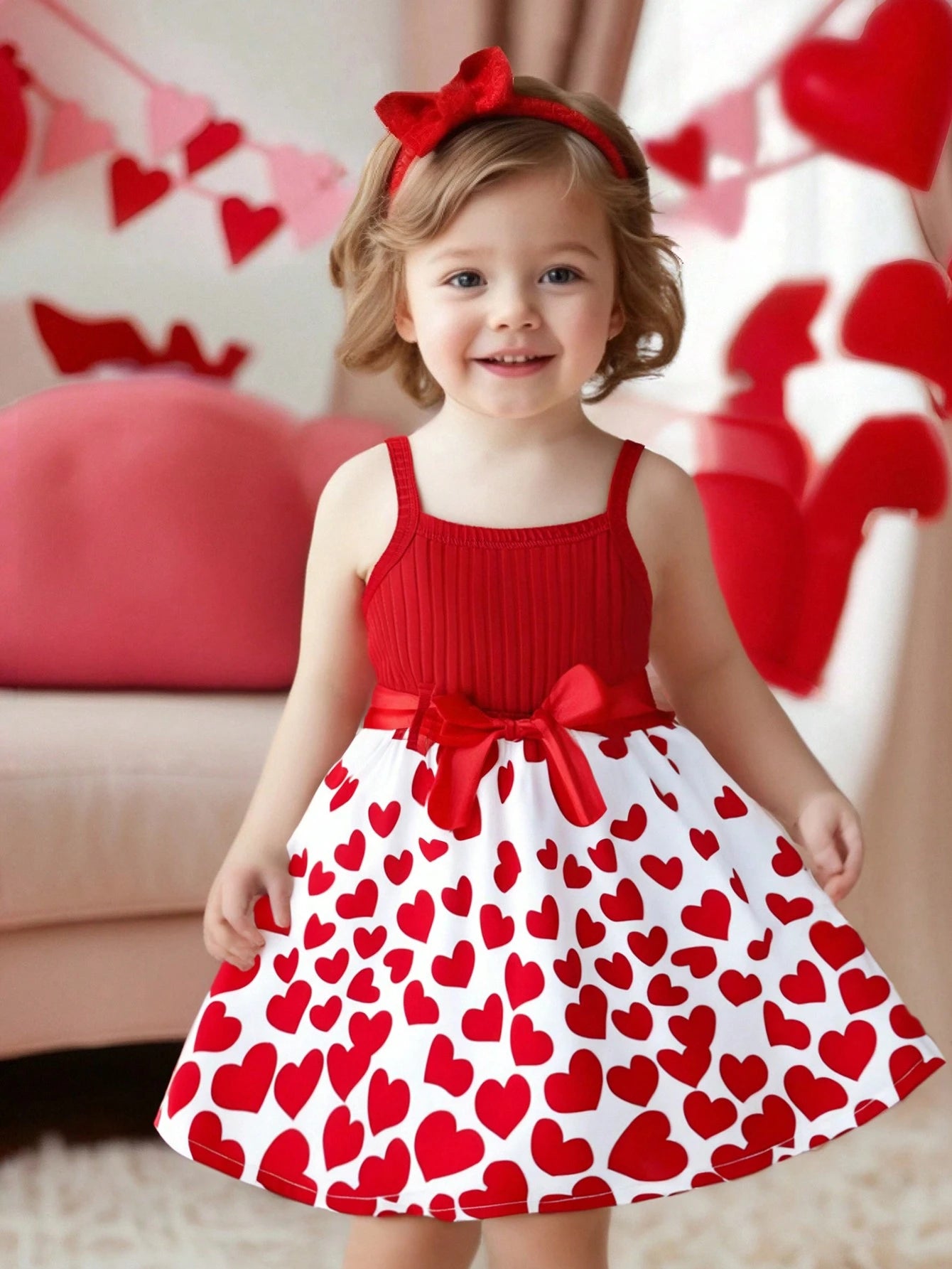 Elladie kids Baby Girls Ribbed Heart Print Flounced Hem Sundress, Cute & Sweet Fashion Summer Dress For Baby Girl