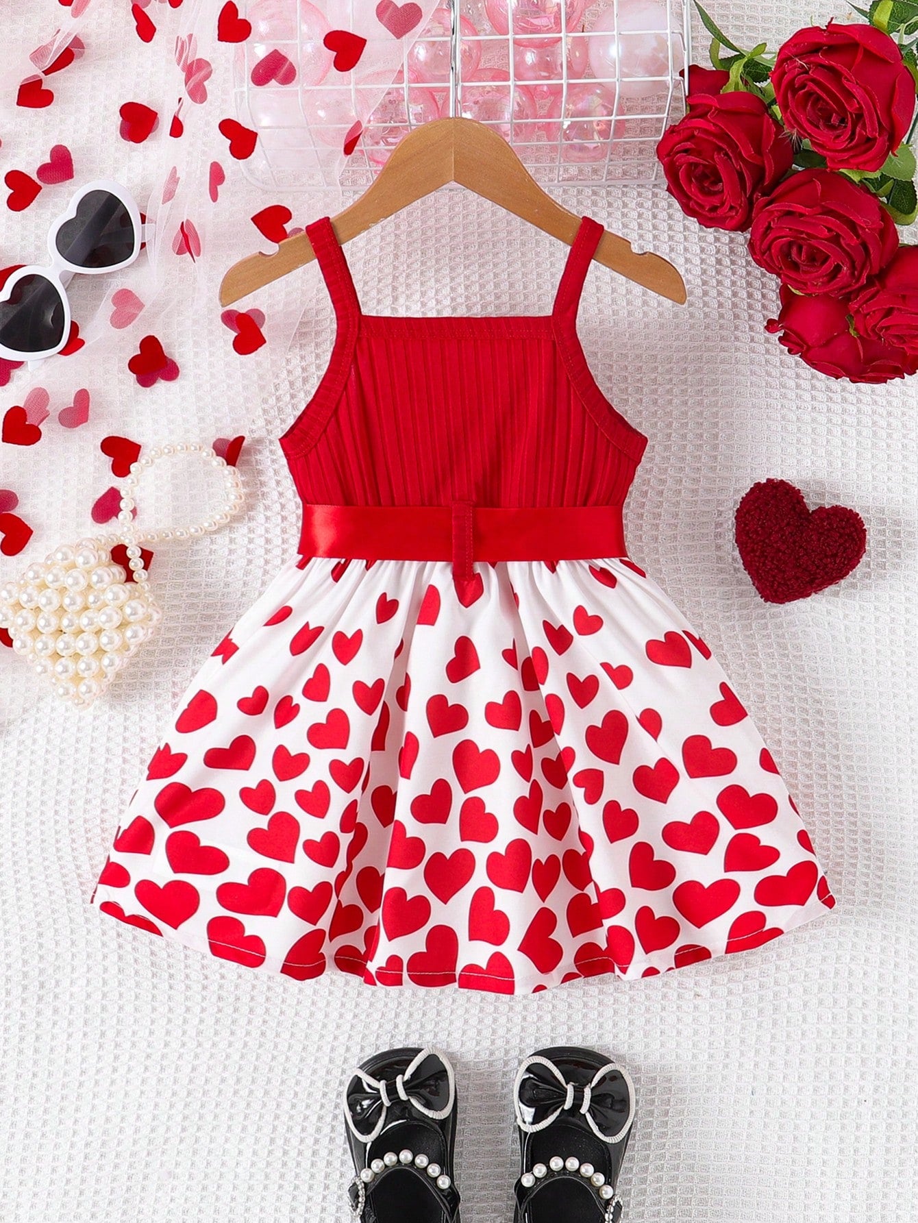 Elladie kids Baby Girls Ribbed Heart Print Flounced Hem Sundress, Cute & Sweet Fashion Summer Dress For Baby Girl