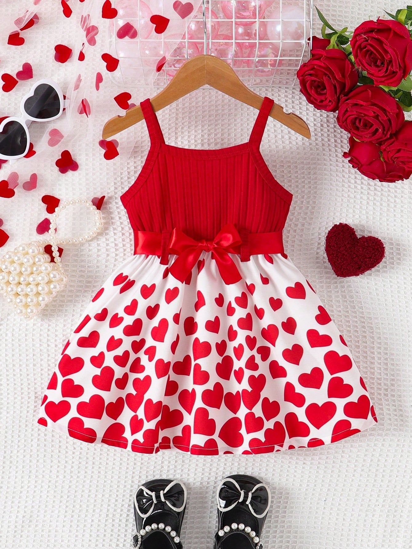 Elladie kids Baby Girls Ribbed Heart Print Flounced Hem Sundress, Cute & Sweet Fashion Summer Dress For Baby Girl
