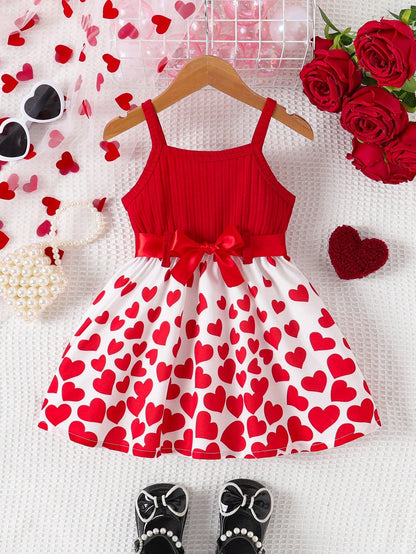 Elladie kids Baby Girls Ribbed Heart Print Flounced Hem Sundress, Cute & Sweet Fashion Summer Dress For Baby Girl