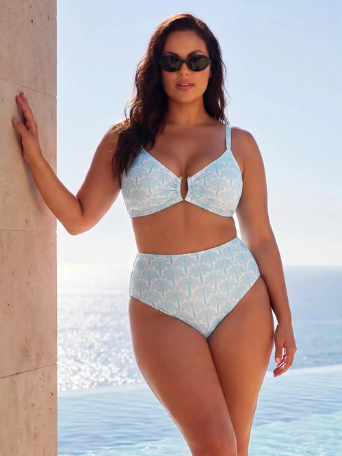 ELLERISSA Plus Size Sky Blue Tile Palm Print Bikini Set With Gold Hardware
