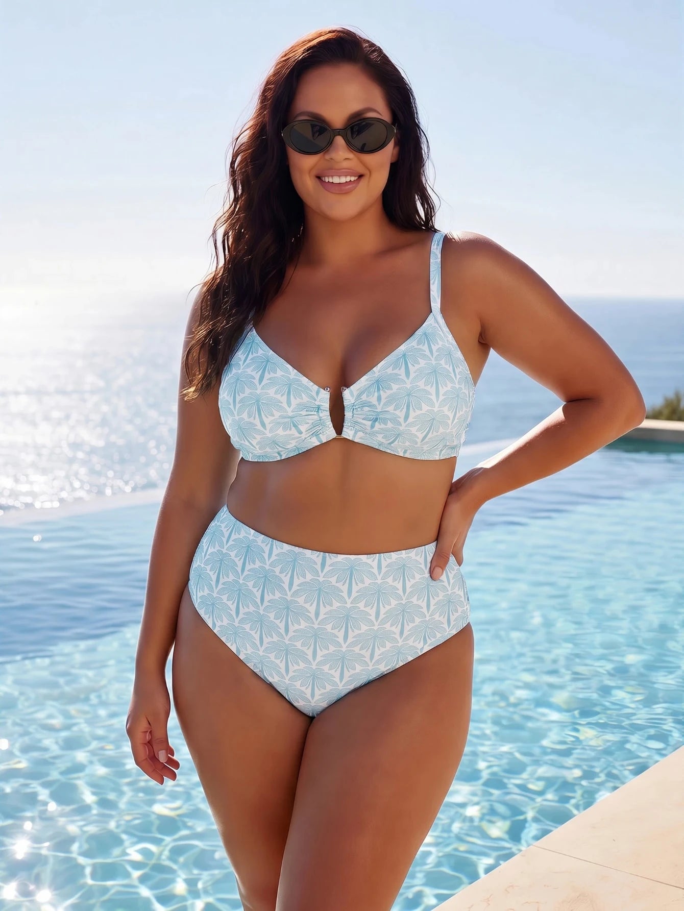ELLERISSA Plus Size Sky Blue Tile Palm Print Bikini Set With Gold Hardware