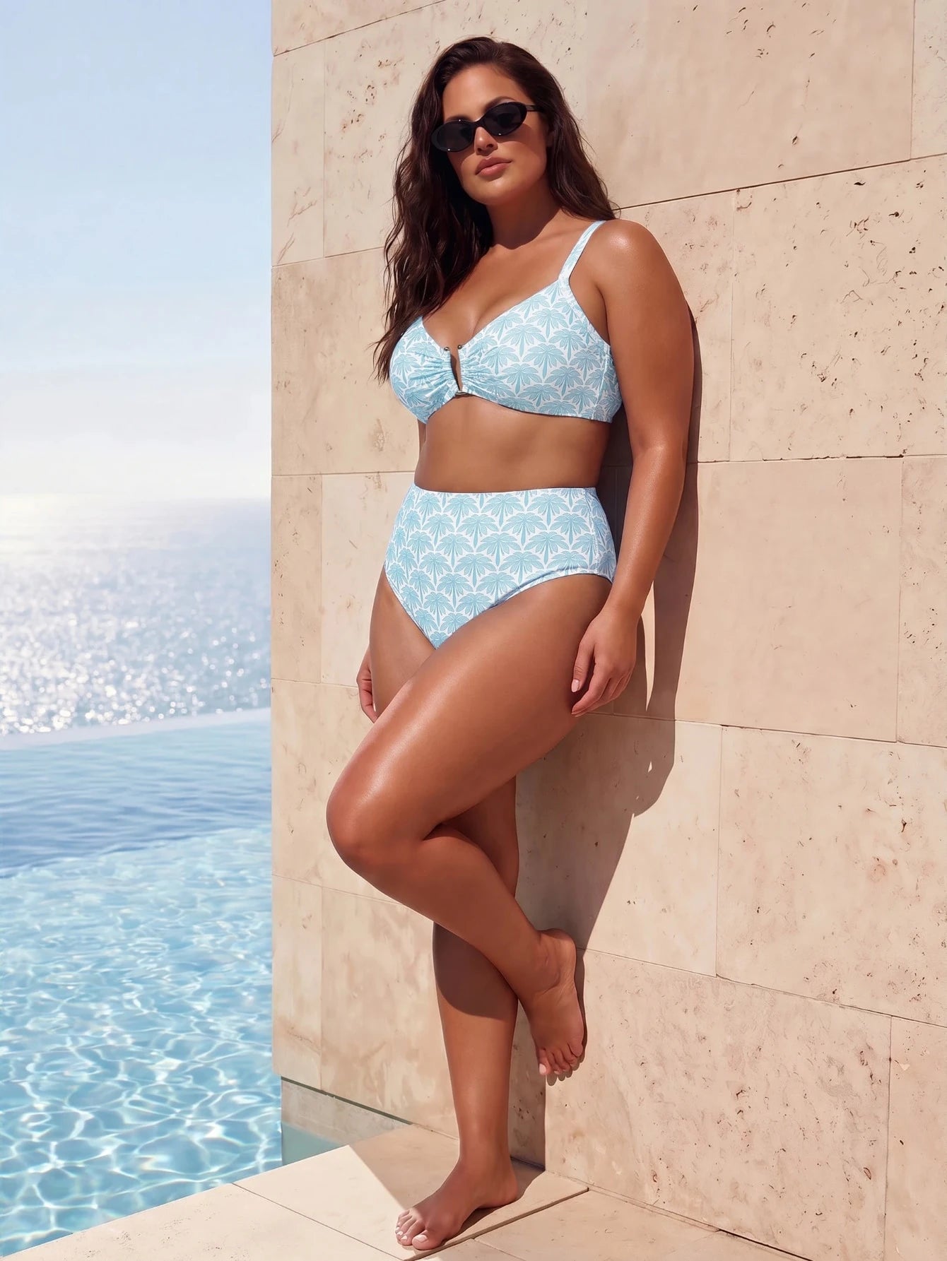 ELLERISSA Plus Size Sky Blue Tile Palm Print Bikini Set With Gold Hardware