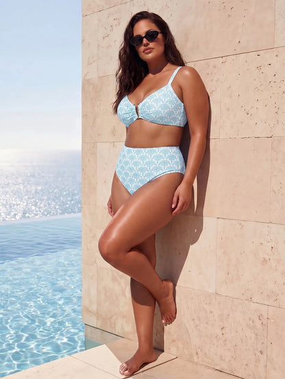 ELLERISSA Plus Size Sky Blue Tile Palm Print Bikini Set With Gold Hardware