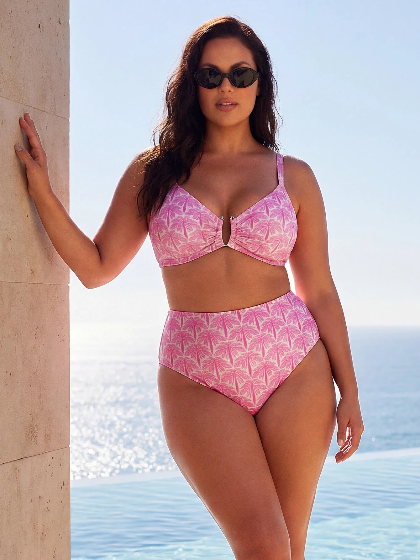 ELLERISSA Plus Size Sky Blue Tile Palm Print Bikini Set With Gold Hardware