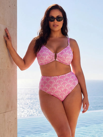 ELLERISSA Plus Size Sky Blue Tile Palm Print Bikini Set With Gold Hardware