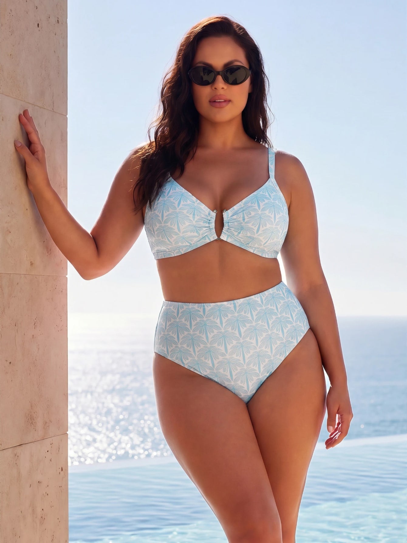 ELLERISSA Plus Size Sky Blue Tile Palm Print Bikini Set With Gold Hardware