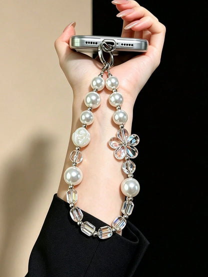 Embossed White Rose Iridescent Flower Gradient Pearl Crystal Beaded Phone Wrist Strap Silver Spring Clasp Anti-Lost Minimal Elegant Girly Phone Bag Key Charm Phone Case Accessories Compatible With IPh