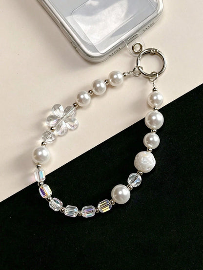 Embossed White Rose Iridescent Flower Gradient Pearl Crystal Beaded Phone Wrist Strap Silver Spring Clasp Anti-Lost Minimal Elegant Girly Phone Bag Key Charm Phone Case Accessories Compatible With IPh