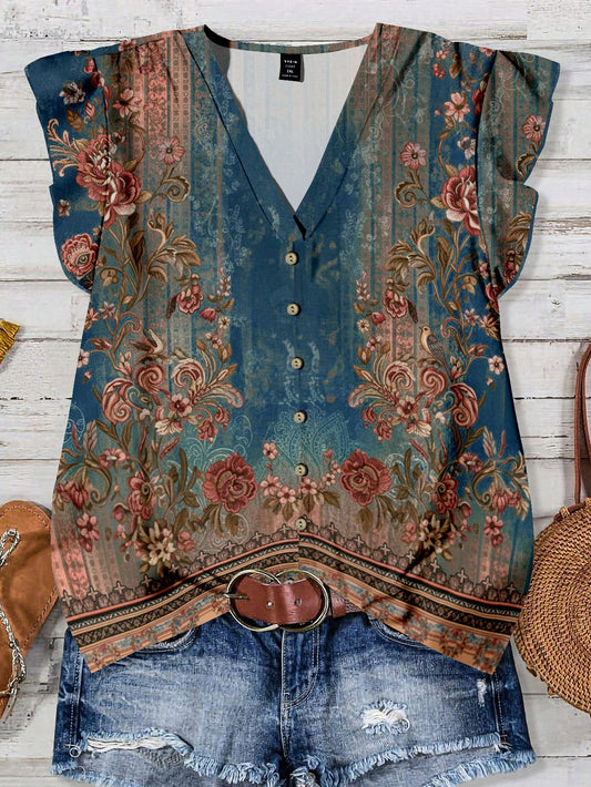 EMERY ROSE Casual Vacation Floral Print Plus Size Shirt, Suitable For Summer Fall