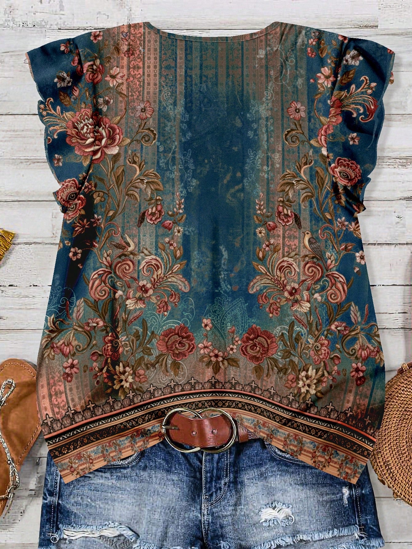 EMERY ROSE Casual Vacation Floral Print Plus Size Shirt, Suitable For Summer Fall