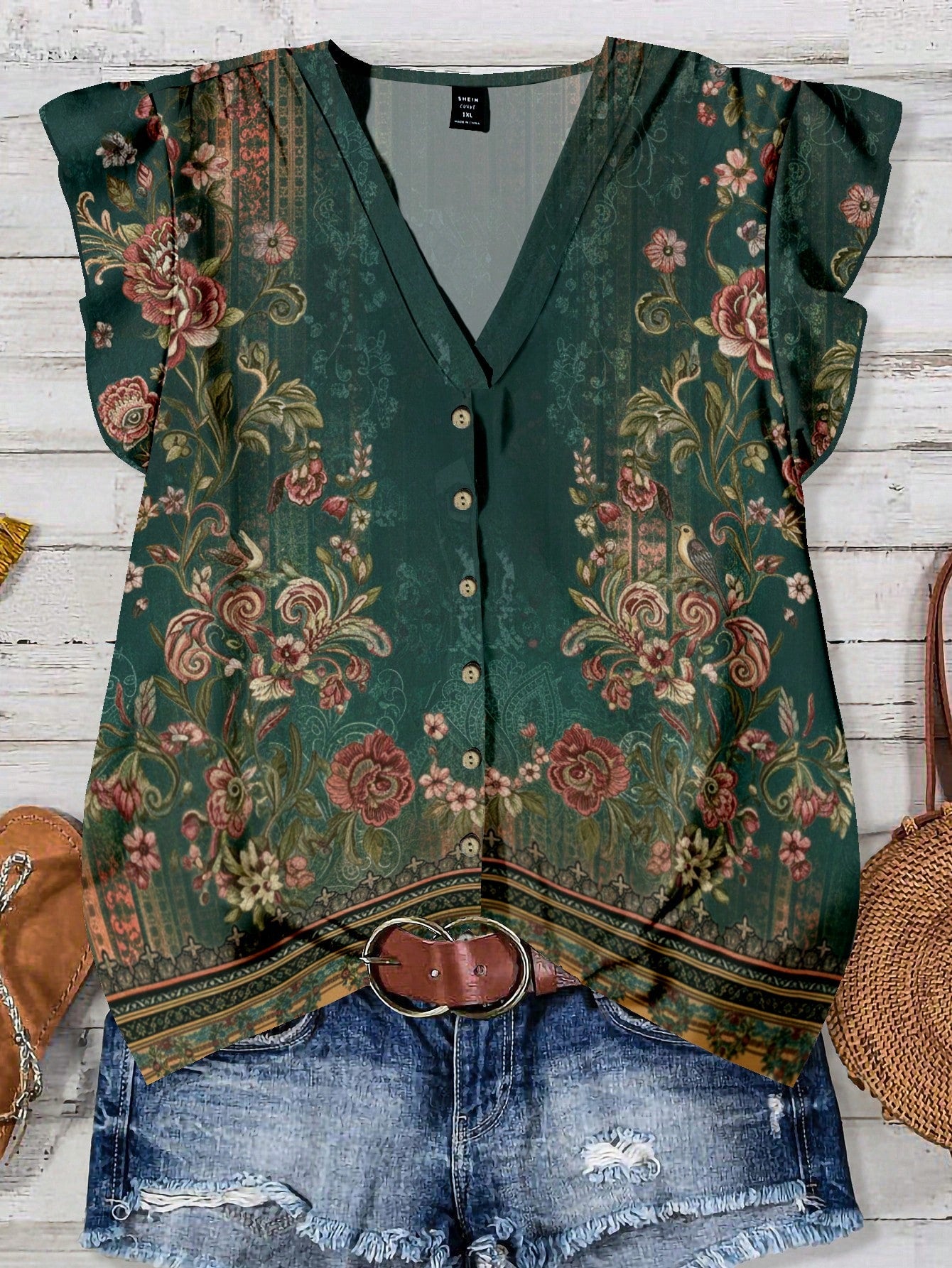 EMERY ROSE Casual Vacation Floral Print Plus Size Shirt, Suitable For Summer Fall