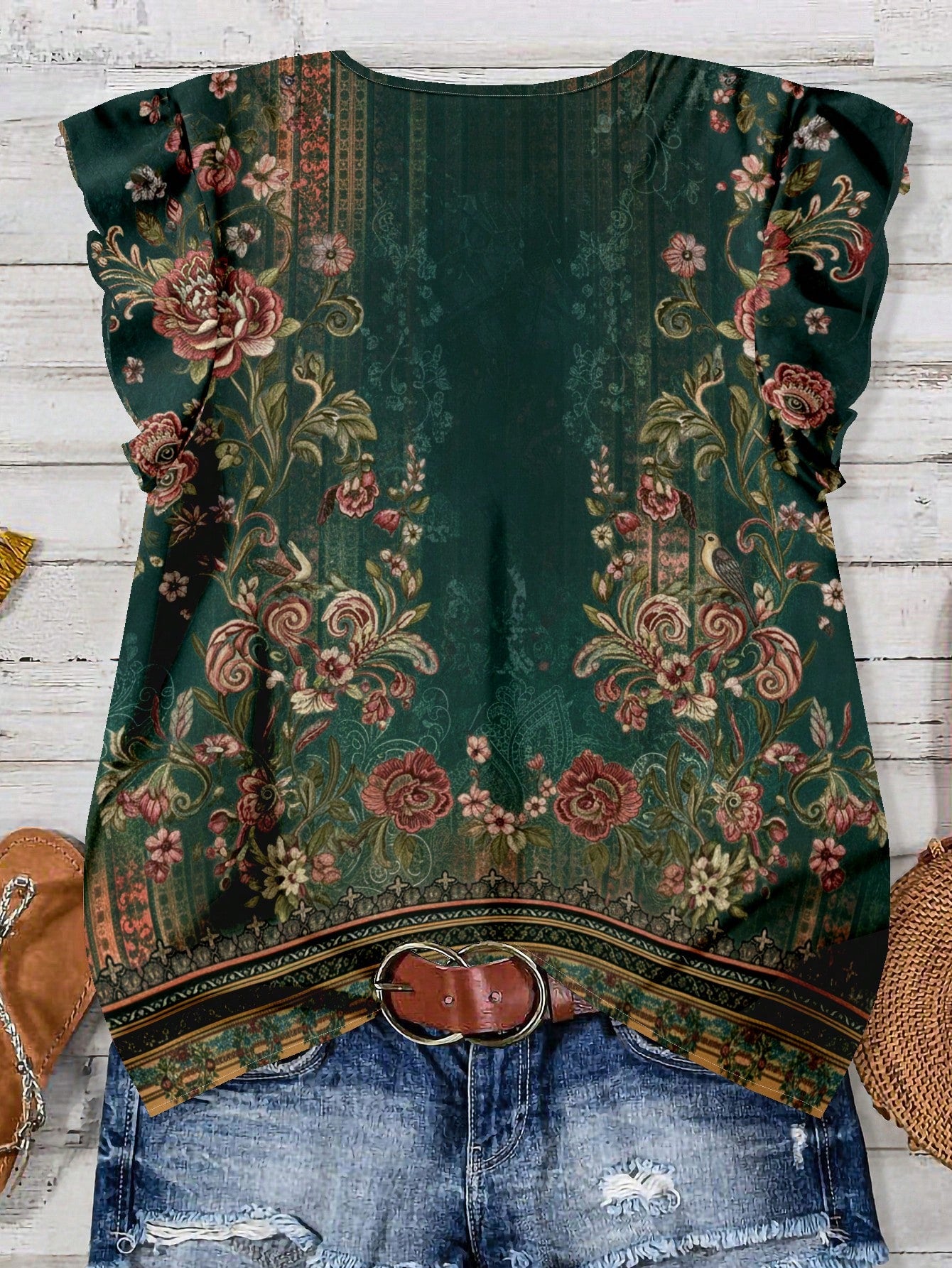 EMERY ROSE Casual Vacation Floral Print Plus Size Shirt, Suitable For Summer Fall
