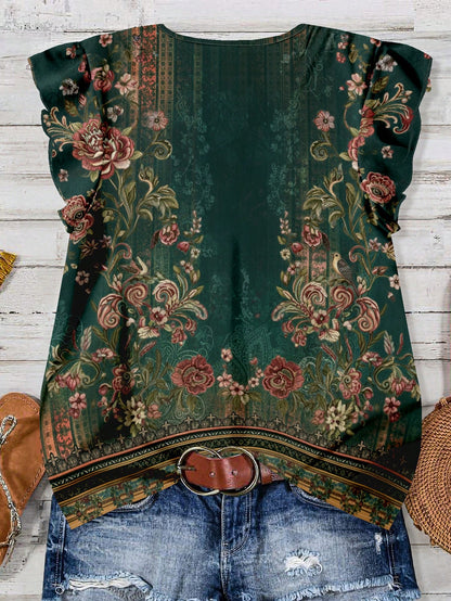 EMERY ROSE Casual Vacation Floral Print Plus Size Shirt, Suitable For Summer Fall