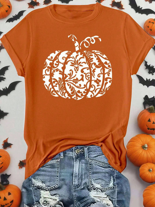 EMERY ROSE Halloween Plus Size Women's Casual Pumpkin Print Round Neck Short Sleeve T-Shirt, Summer