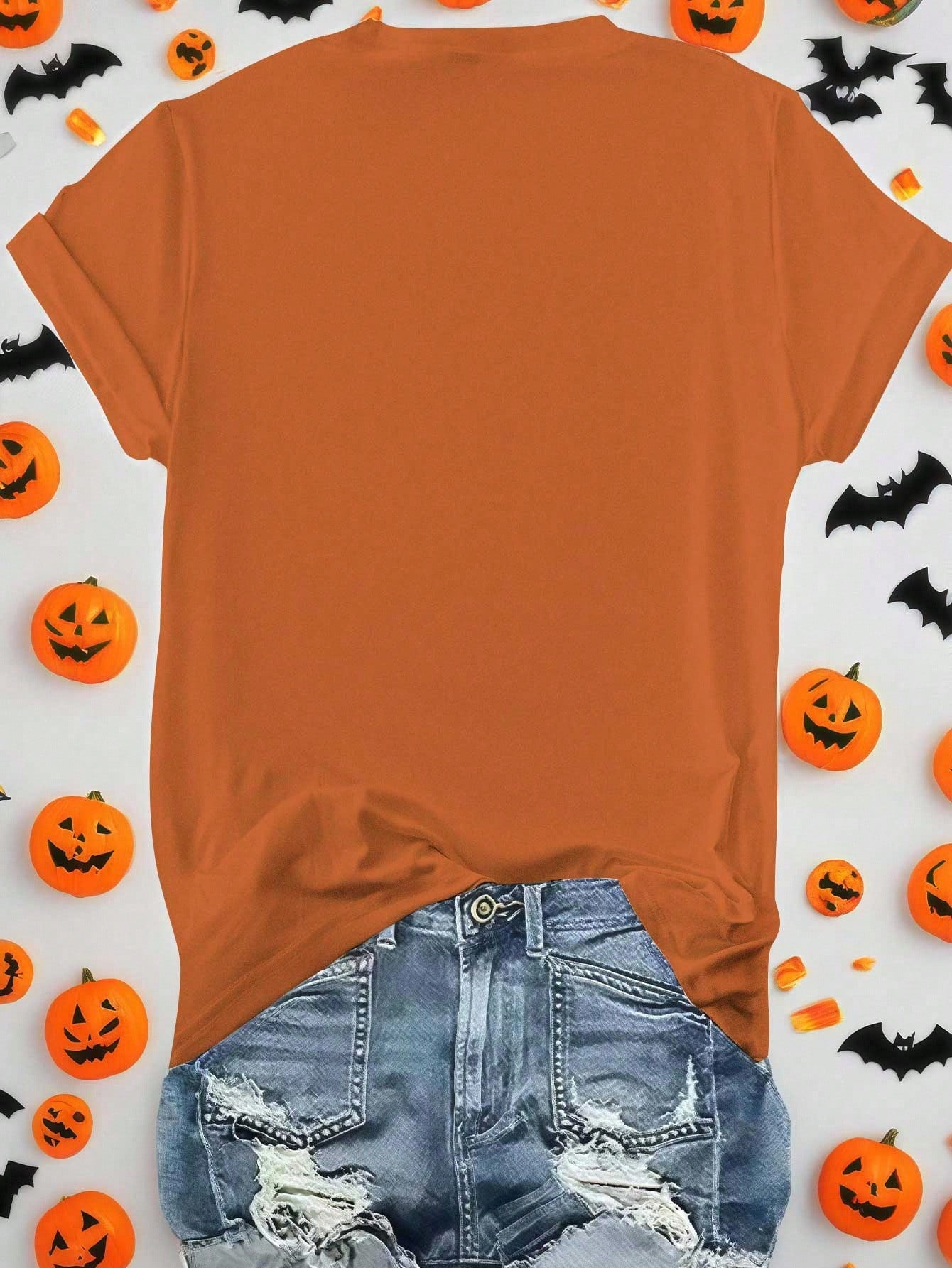 EMERY ROSE Halloween Plus Size Women's Casual Pumpkin Print Round Neck Short Sleeve T-Shirt, Summer