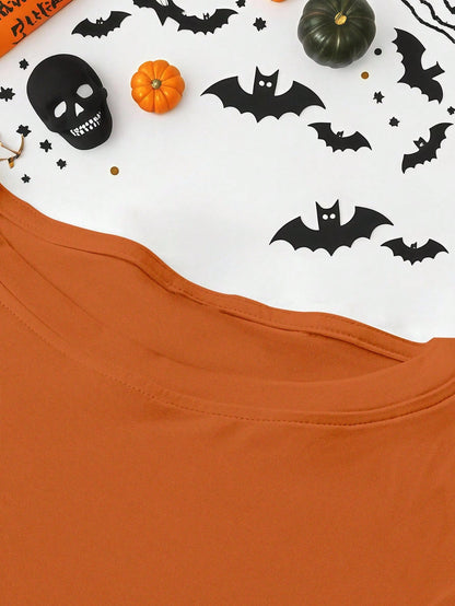 EMERY ROSE Halloween Plus Size Women's Casual Pumpkin Print Round Neck Short Sleeve T-Shirt, Summer
