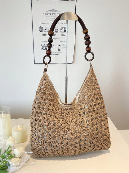 EMERY ROSE Large Capacity Portable Women's Woven Straw Shoulder Bag Medium Handbag With Handle For Beach Vacation,Holiday