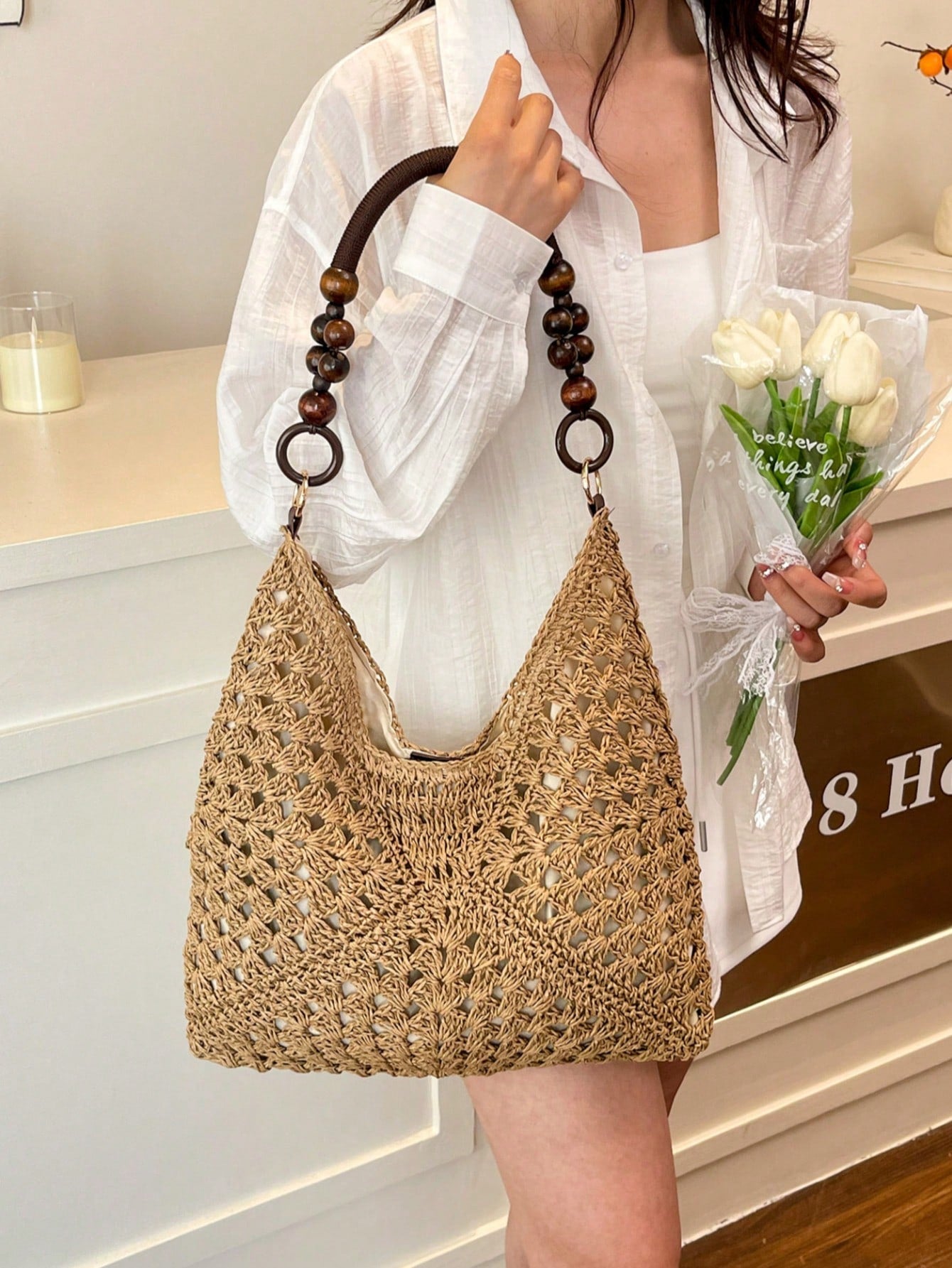 EMERY ROSE Large Capacity Portable Women's Woven Straw Shoulder Bag Medium Handbag With Handle For Beach Vacation,Holiday