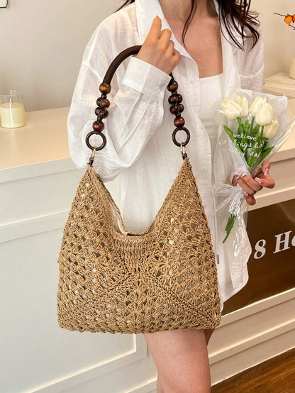 EMERY ROSE Large Capacity Portable Women's Woven Straw Shoulder Bag Medium Handbag With Handle For Beach Vacation,Holiday
