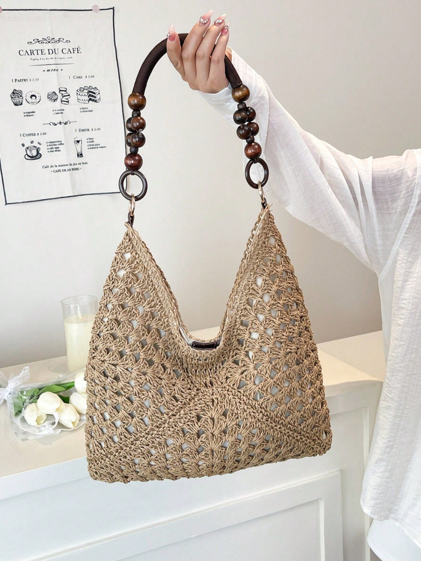 EMERY ROSE Large Capacity Portable Women's Woven Straw Shoulder Bag Medium Handbag With Handle For Beach Vacation,Holiday