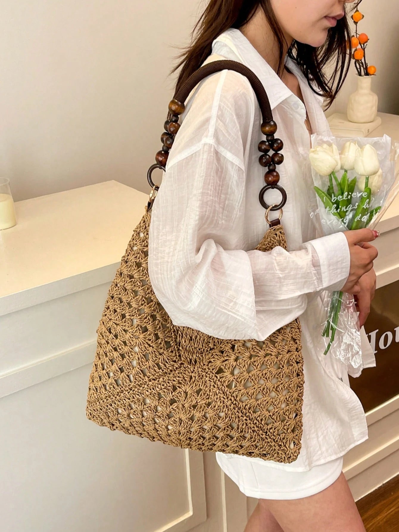 EMERY ROSE Large Capacity Portable Women's Woven Straw Shoulder Bag Medium Handbag With Handle For Beach Vacation,Holiday