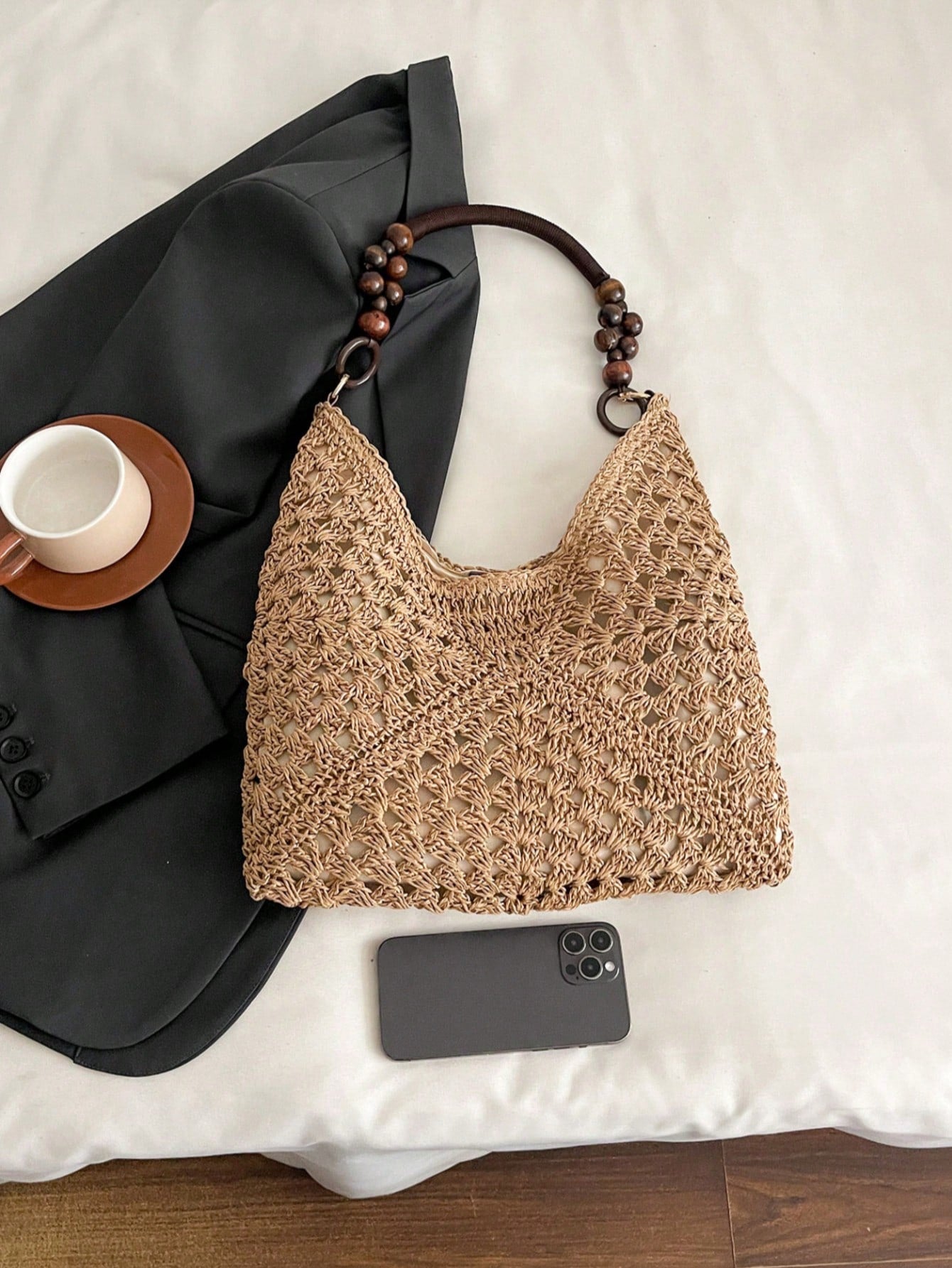 EMERY ROSE Large Capacity Portable Women's Woven Straw Shoulder Bag Medium Handbag With Handle For Beach Vacation,Holiday