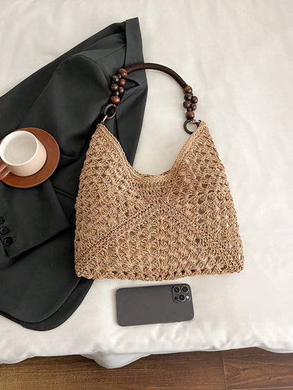 EMERY ROSE Large Capacity Portable Women's Woven Straw Shoulder Bag Medium Handbag With Handle For Beach Vacation,Holiday