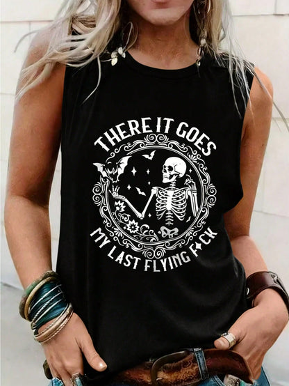 EMERY ROSE Large-Sized Women's Summer Casual Skull-Print Vest-Style Top,Funny Graphic T Shirt,Black And White Everyday Slogan Pattern Skull Clothing For Women