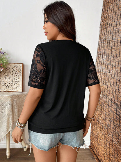 EMERY ROSE Plus Size Black Summer Elegant Night Out Club Knitted Cowl Neck Long Tee,Drawstring Contrast Lace Half Sleeve Loose Hem 2 In 1 T-Shirt For Vacations