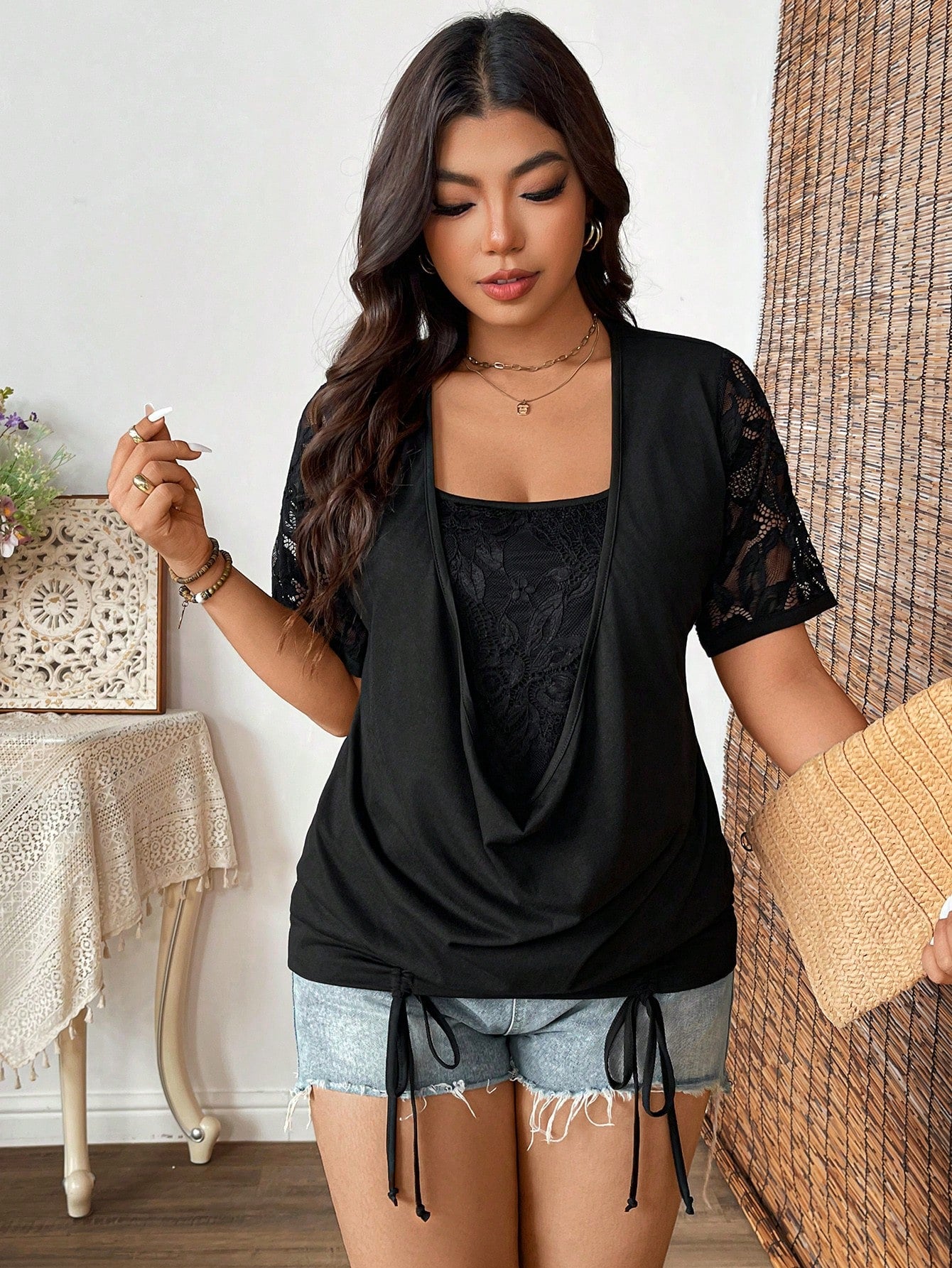 EMERY ROSE Plus Size Black Summer Elegant Night Out Club Knitted Cowl Neck Long Tee,Drawstring Contrast Lace Half Sleeve Loose Hem 2 In 1 T-Shirt For Vacations
