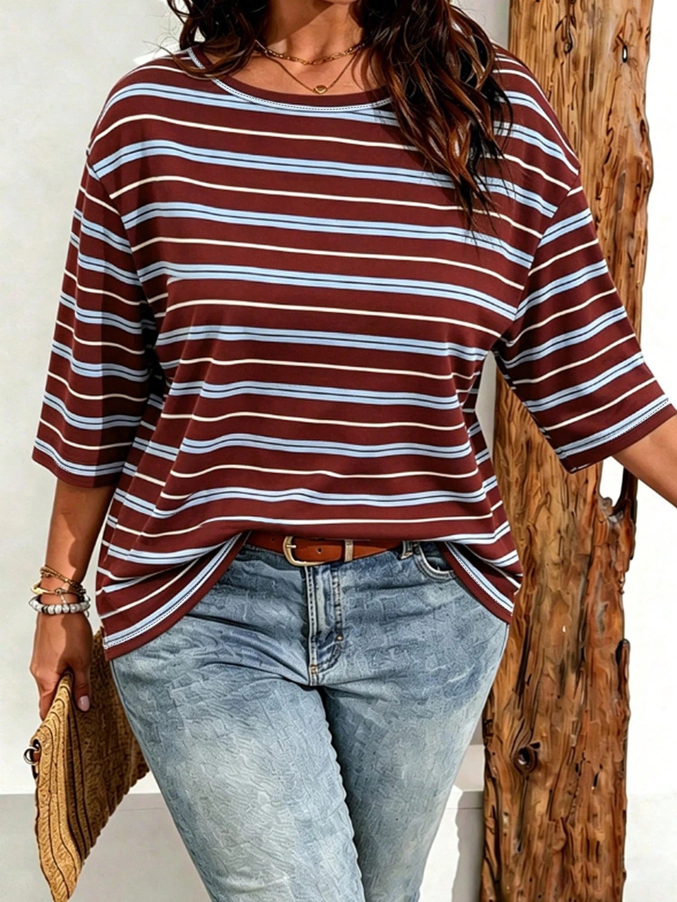 EMERY ROSE Plus Size Women Casual Minimalist Ditsy Floral Drop Shoulder T-Shirt, Suitable For Summer Ladies Top