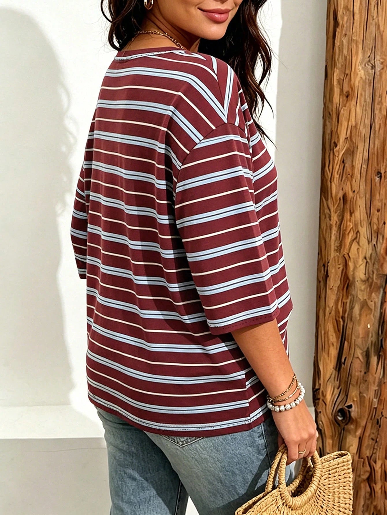 EMERY ROSE Plus Size Women Casual Minimalist Ditsy Floral Drop Shoulder T-Shirt, Suitable For Summer Ladies Top