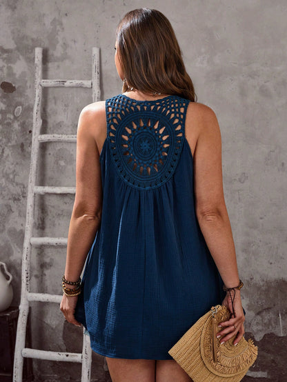 EMERY ROSE Plus Size Women Lace Patchwork Front Short Back Long Tank Top, Summer Top, Beach For Women, Vacation Women