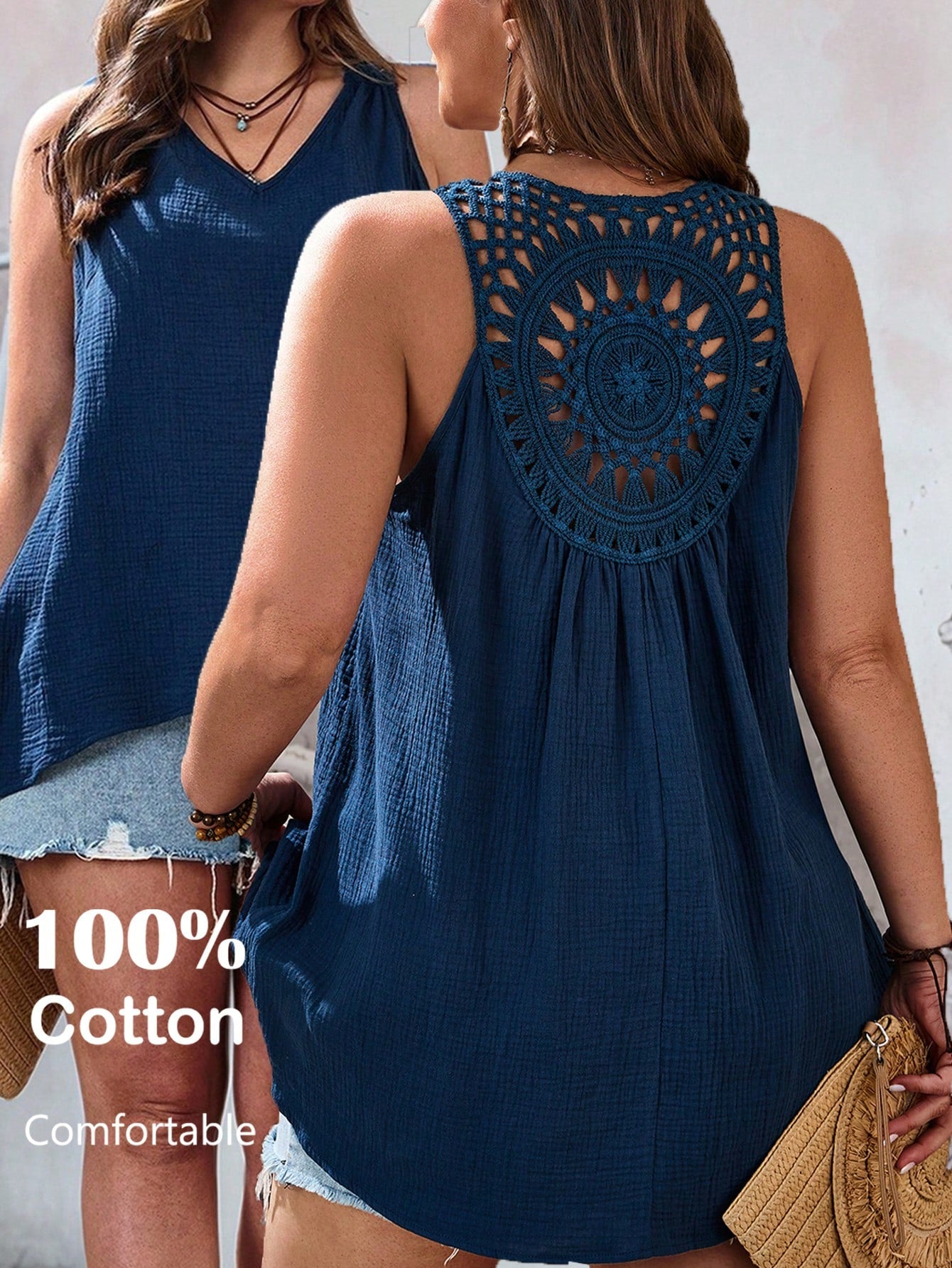 EMERY ROSE Plus Size Women Lace Patchwork Front Short Back Long Tank Top, Summer Top, Beach For Women, Vacation Women